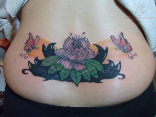 Lowerback Hibiscus Flower and Butterlies Tattoo